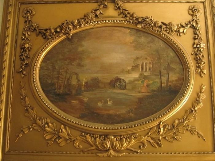 Close-up of late 19th century Louis XVI style gilt painted trumeau mirror with oil on canvas depiction of figures in a country setting.
