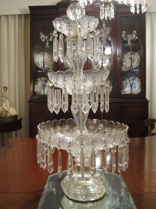 Late 19th to early 20th century cut glass epergne with prisms.