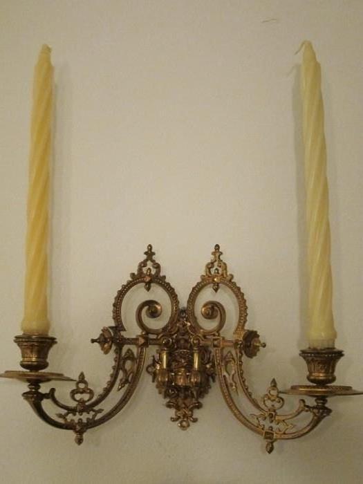 Pair of Italian gilt brass two-arm wall sconces.