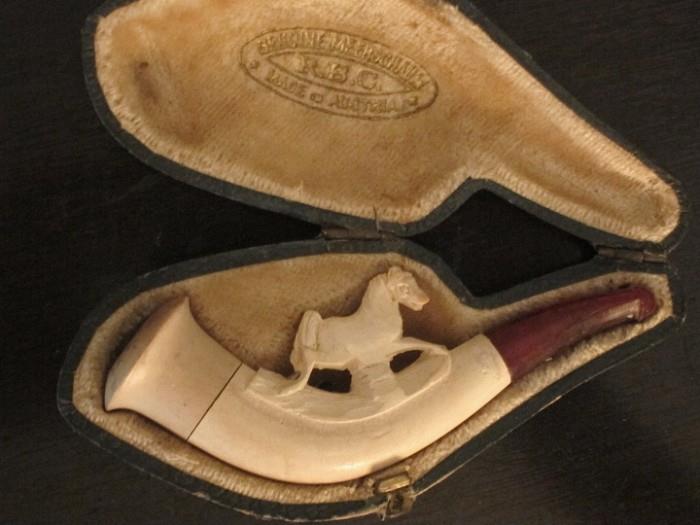 Early 20th century Austrian meerschaum pipe with amber stem.