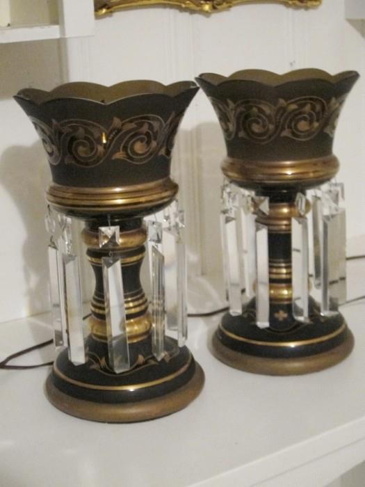 Pair of vintage gilt decorated mantel luster lamps.