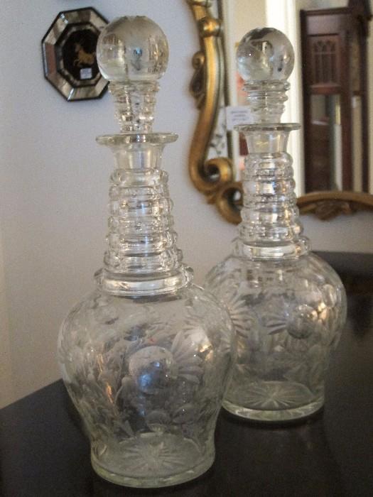 Victorian cut glass decanters with neck and stopper rings, circa 1880.