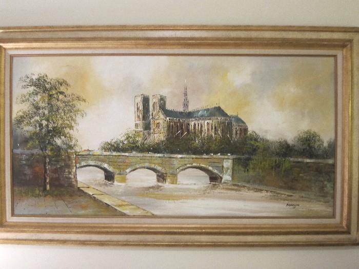 Mid Century Modern oil on canvas painting of Notre Dame de Paris, 24" x 48", artist signed. Circa 1960s.