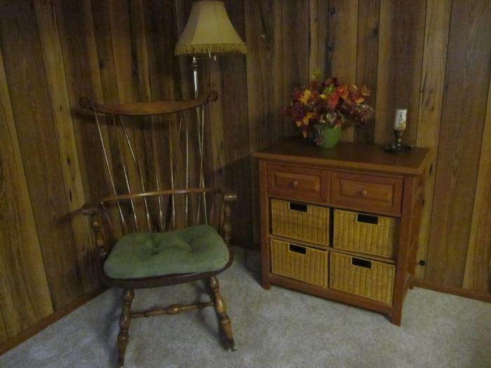 Nichols & Stone rocking chair, floor lamp & side cabinet with pull out wicker drawers
