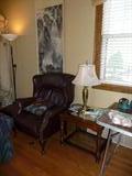 Leather Chair, Stiffel Lamp & Artwork