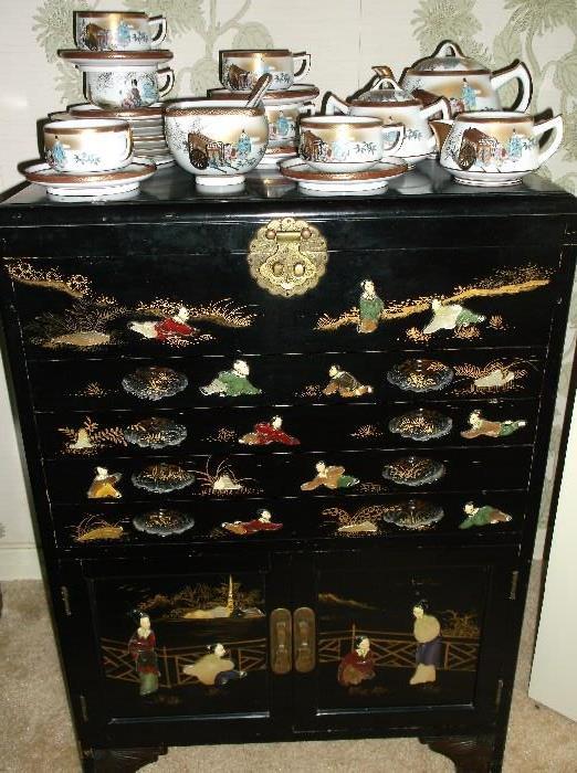 Black lacquer silverware cabinet and Yamazaki Japanese tea set 