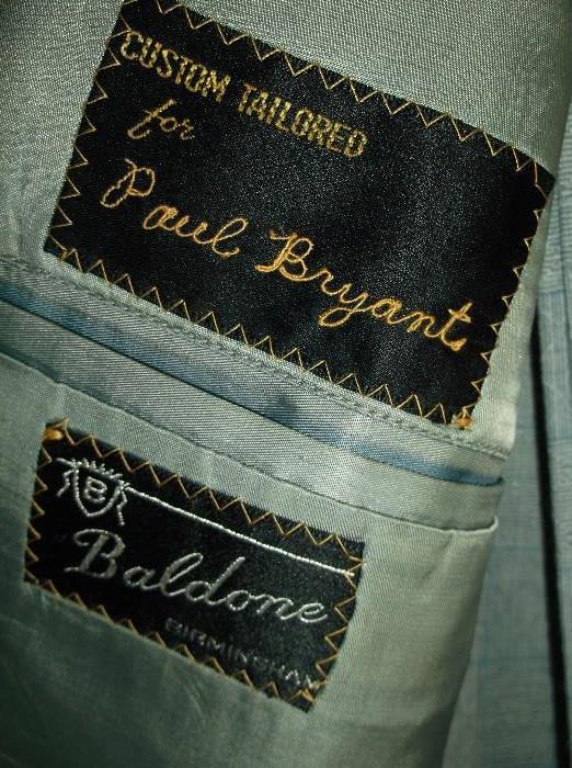 Label of custom tailored suit for Paul Bryant