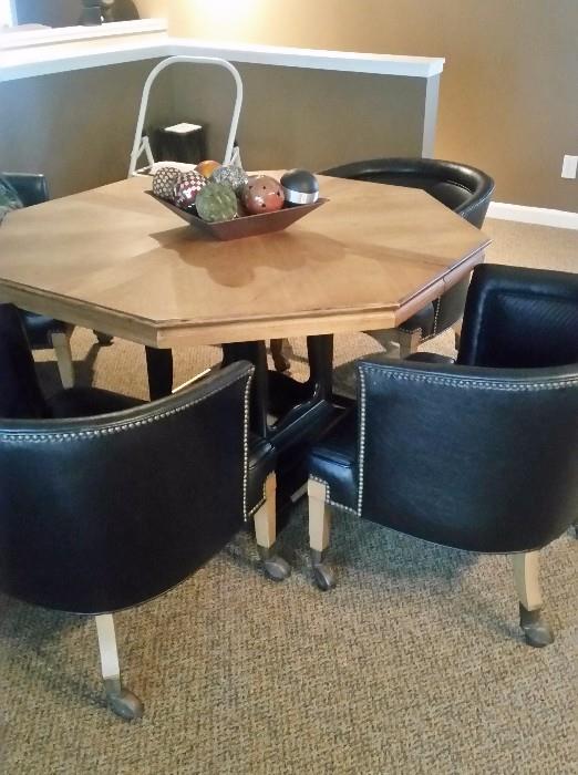 Awesome GAME TABLE & leather barrel back chairs with nailhead detail.