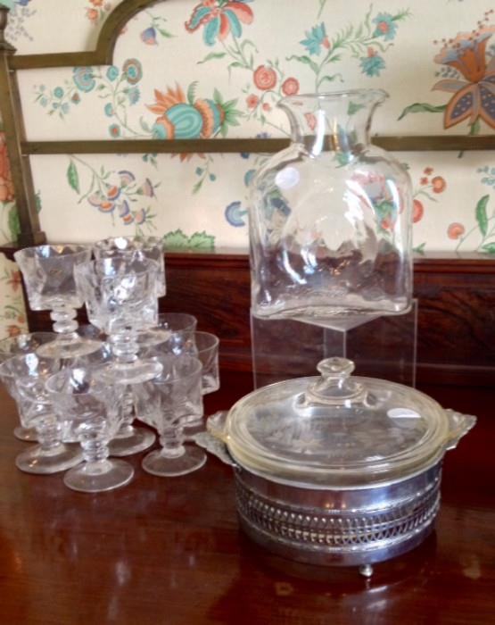 Antique Square Apertif Glasses by Canterbury, Blenko Jug, Silverplate Covered Casserole with Glass Etched Lid