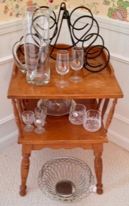 Maple Table with Wrought Iron Wine Rack, Cordial and Hiball Glasses