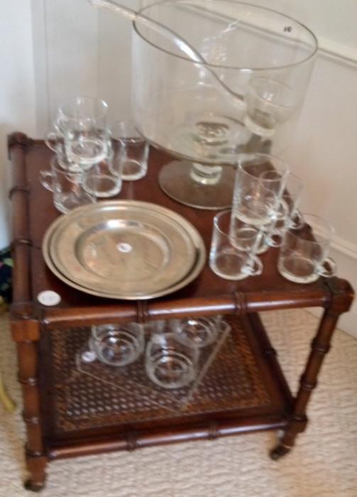 Bamboo Leg Vintage Table with Caning, Contemporary Trifle Style Punch Bowl with Cups, Glass and Pewter Serving Pieces