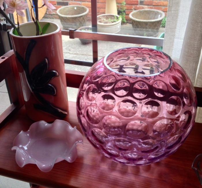 Pink Glass Contemporary Rose Bowl, Vintage Glass and Ceramic