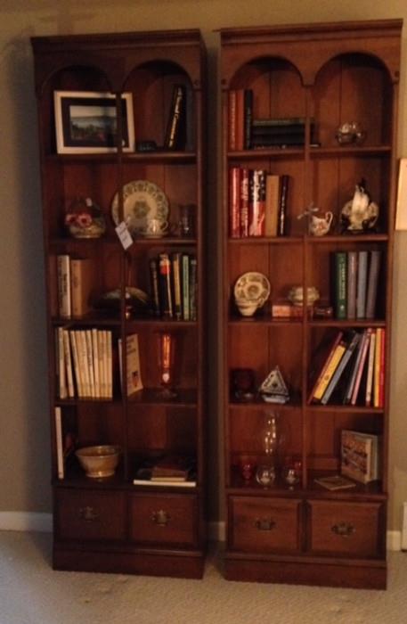 Two Bookcases filled with Collectibles, Tea Cups, Books and more....great bookcases with unique styling