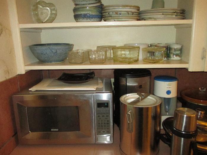Microwave, Ice Bucket, Vintage Glass Refrigerator Dishes, Pottery