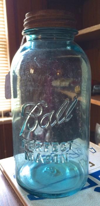 Blue Ball perfect mason quart jar with zinc lid, marked "13"
