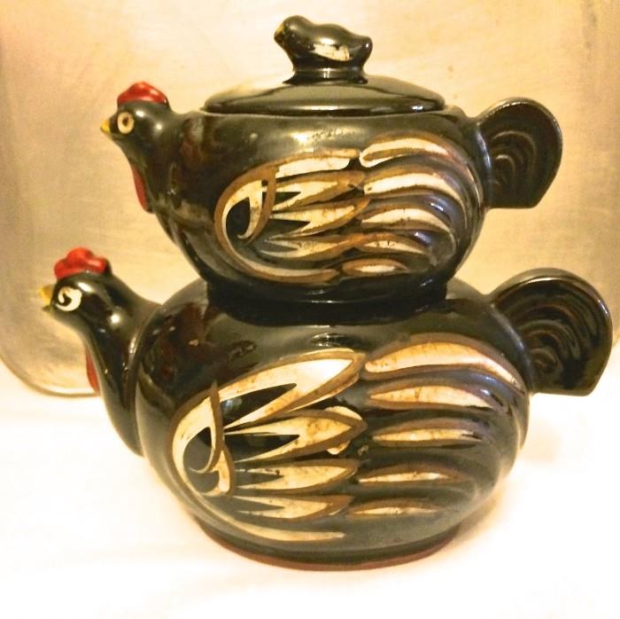Double rooster painted teapot, mid-century