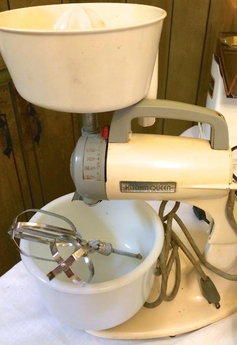 Kitchen Queen mixer with juicer attachment, bowl, and beaters