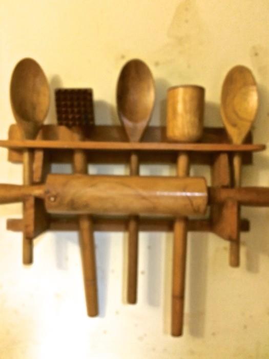 Wooden kitchen utensil set with hanging rack