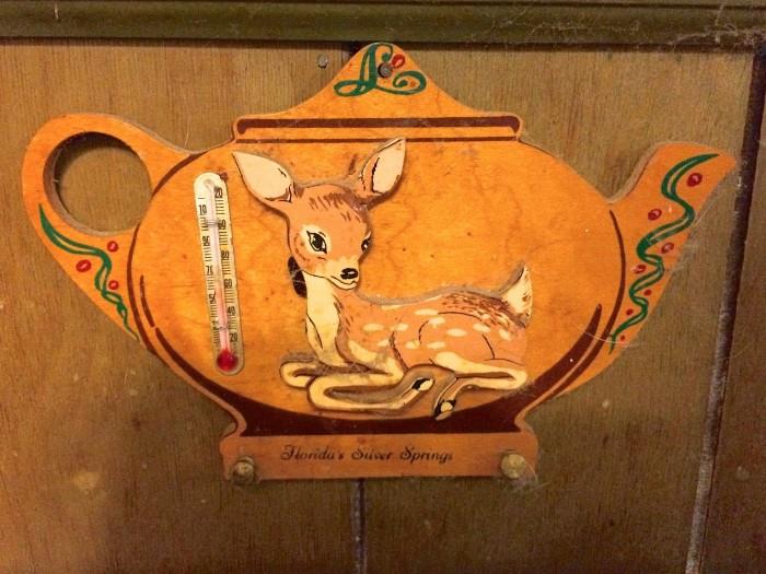 Vintage deer on teapot (?) souvenir Florida thermometer, absolutely darling