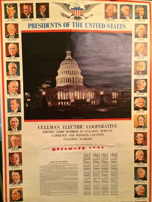 Super cool Cullman Electric Cooperative wall calendar with presidents, 1974