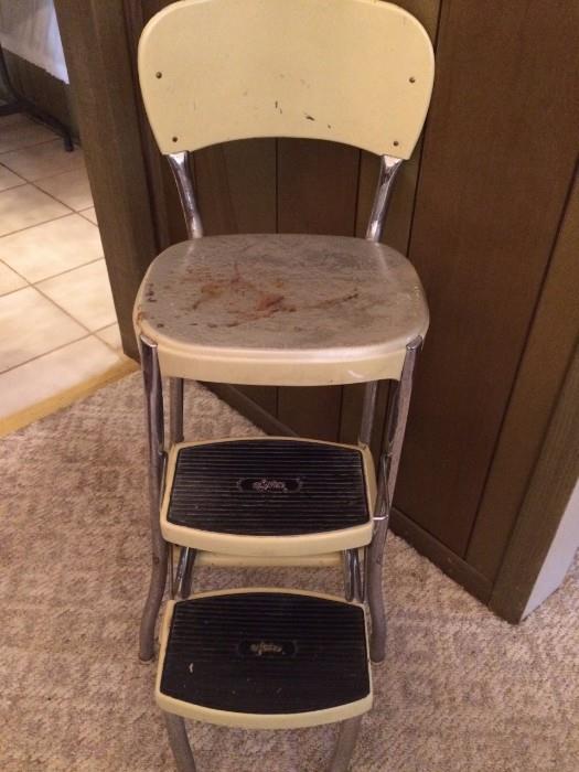 Mid-century kitchen step stool with chrome detail, marked "Stylaire"