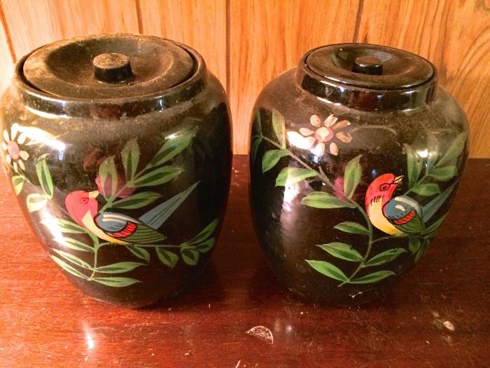 Lovely mid-century painted crocks with lids, great condition