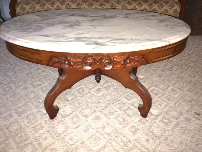 Close-up of marble-top coffee table