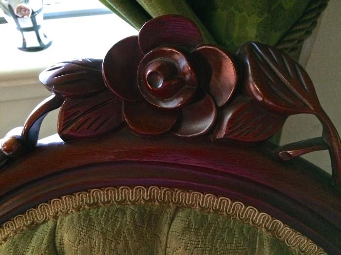 Close-up of detail at top of Victorian side chairs