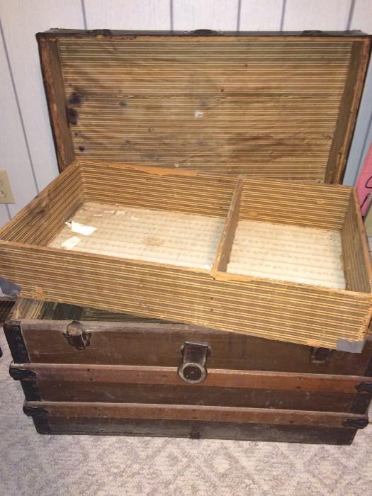 Antique trunk with original tray and paper