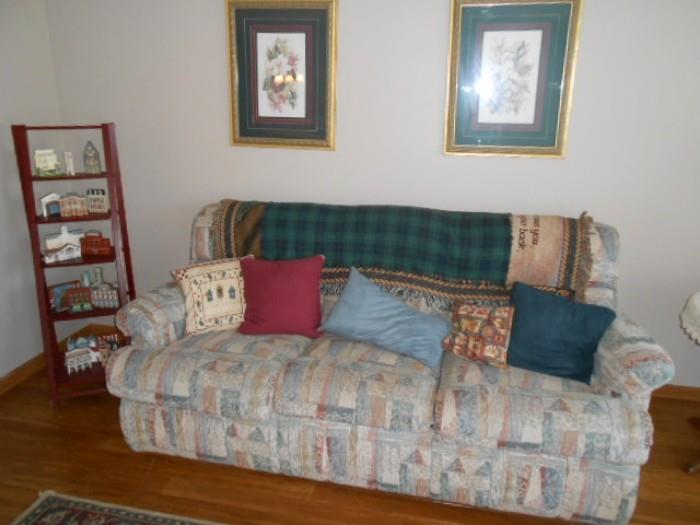 Botanical prints, upholstered sofa, throws and afghans, pillows
