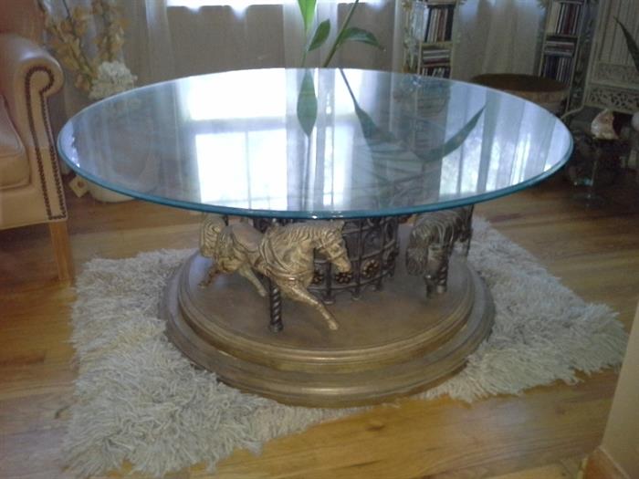 HAND -MARD MOVEABLE CAROUSEL GLASS TOP COFFEE TABLE