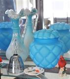 Close up of one of the 2 Consolidated Glass quilted satin glass biscuit jars