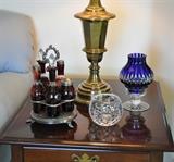 Ruby cut to clear cruet set  with stand and original tops and stoppers