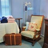 Antique Eastlake platform rocker and plant stand, Bridge lamp with cobalt glass, vintage leather suitcase