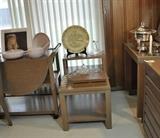 Step end table with the vanity piece off to the right - other pieces in the midcentury modern Cross Country collection in the Driftwood finish.