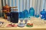 Hall China Hercules water server in cobalt, Jeannette Glass in Delphite, blue Moon and Stars pieces, Ohio Art
