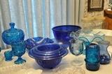 More blue glass including Moon & Stars, Blenko ruffled compote and Hazel Atlas cobalt mixing bowls