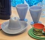 Jeannette Glass cowboy hat, 2 small tumblers and a peak of some Ohio Art pieces