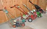 Lawn and garden equipment - Homelite electric mower, Lawn Boy mower, Troy Bilt Junior cultivator (tiller) with extra plow blade, gas edger