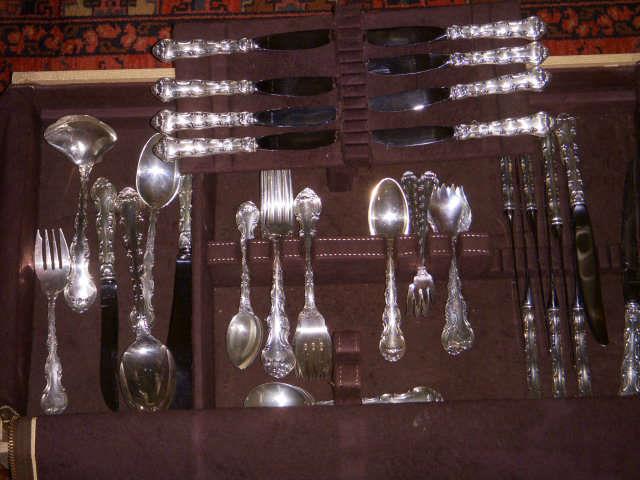 82 piece set of Strasbourg (Gorham) sterling flatware.  Basic service for 8 with many unusual extra pieces. Total weighable gram weight: 2067 grams (hollow handle items not weighted and not included in total weight shown.)