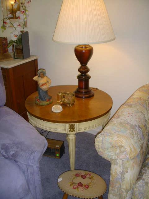Living room lamp table, lamp, needlepoint stool