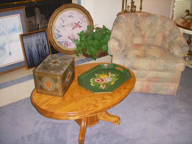 Oval oak coffee table, one of a pair of chairs, prints, etc.