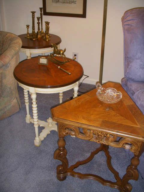 Assorted tables including unusual triangular table with pierce carved apron and shaped legs & stretchers