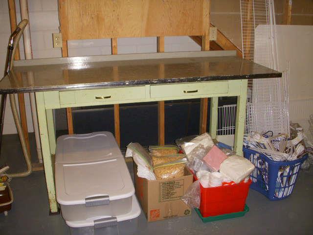 Work table, closet shelving items, and more