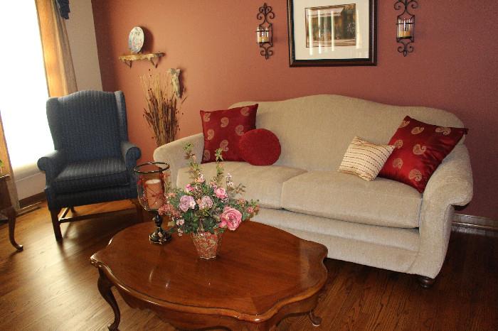 Sofa, coffee table, two upholstered chairs