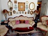 Victorian sofa and chairs, iron bench with upholstery, pair wall sconces