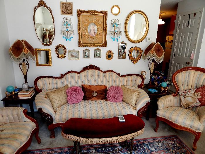 Victorian sofa and chairs, iron bench with upholstery, pair wall sconces