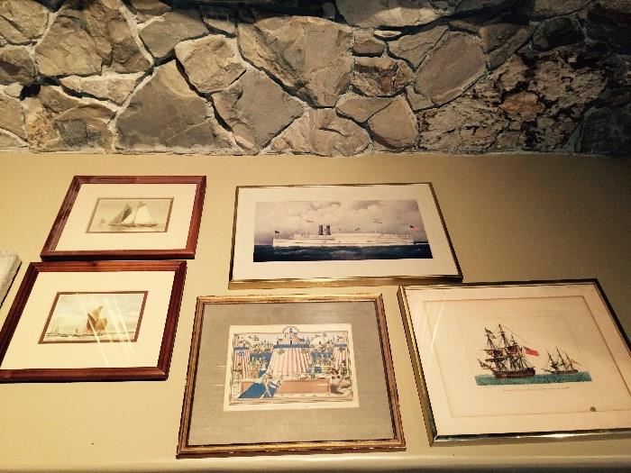 Assorted maritime art - engravings and paintings