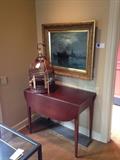 Drop leaf vintage table, Asian themed birdcage and wonderful marine oil painting