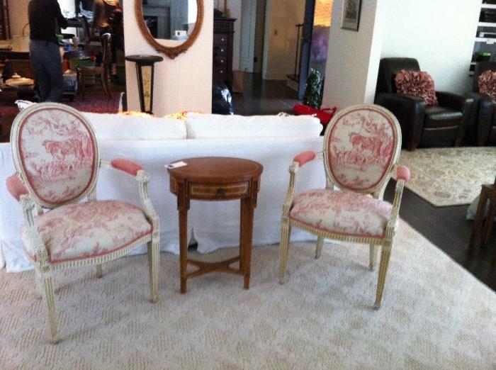 Pair of terrific toile covered French chairs - everything photographed is in this fabulous sale